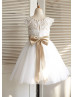 Ivory Lace Tulle Beaded Sash Knee Length Flower Girl Dress